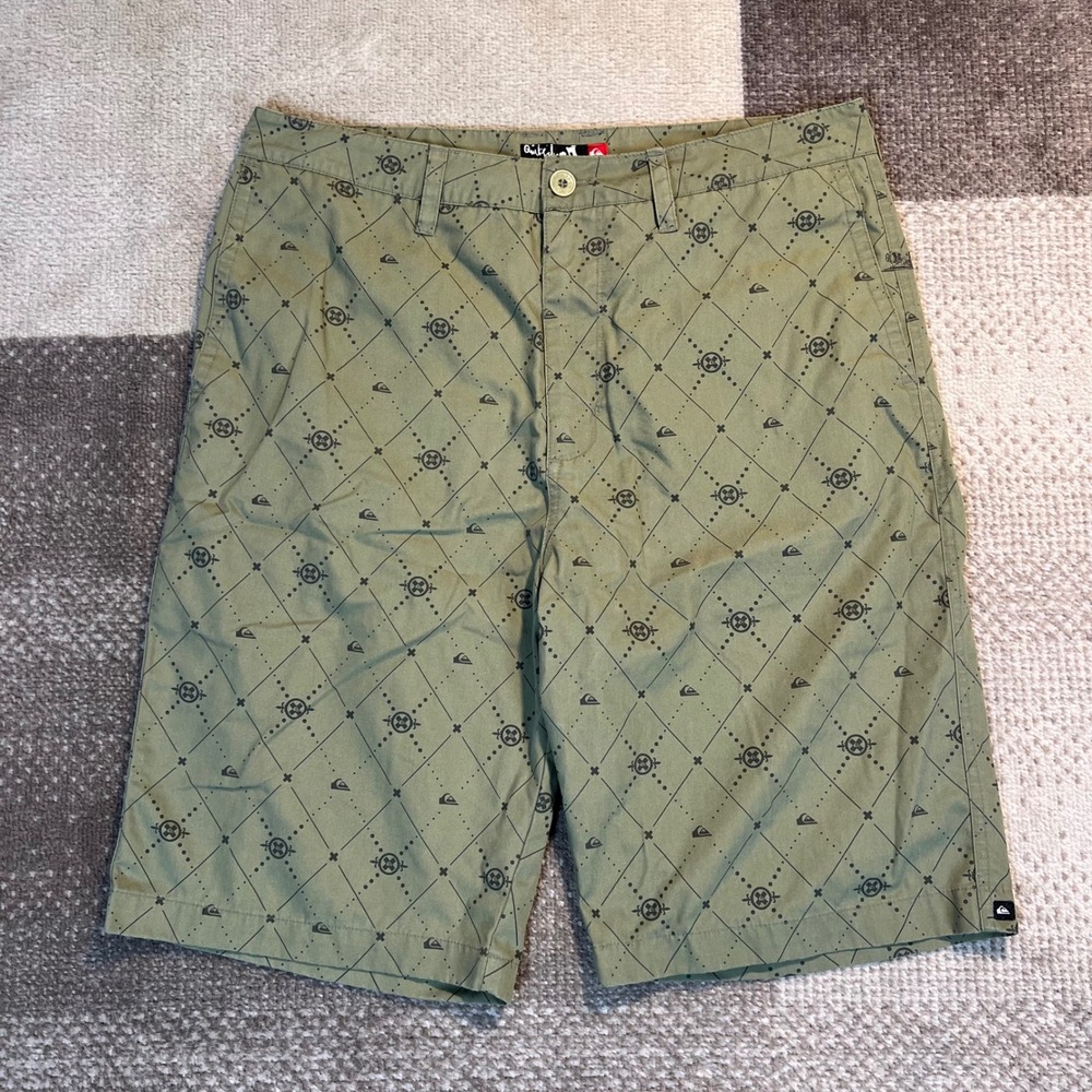 Y2K Quiksilver Mens Green Geometric Print Hybrid Shorts Size 34 Olive